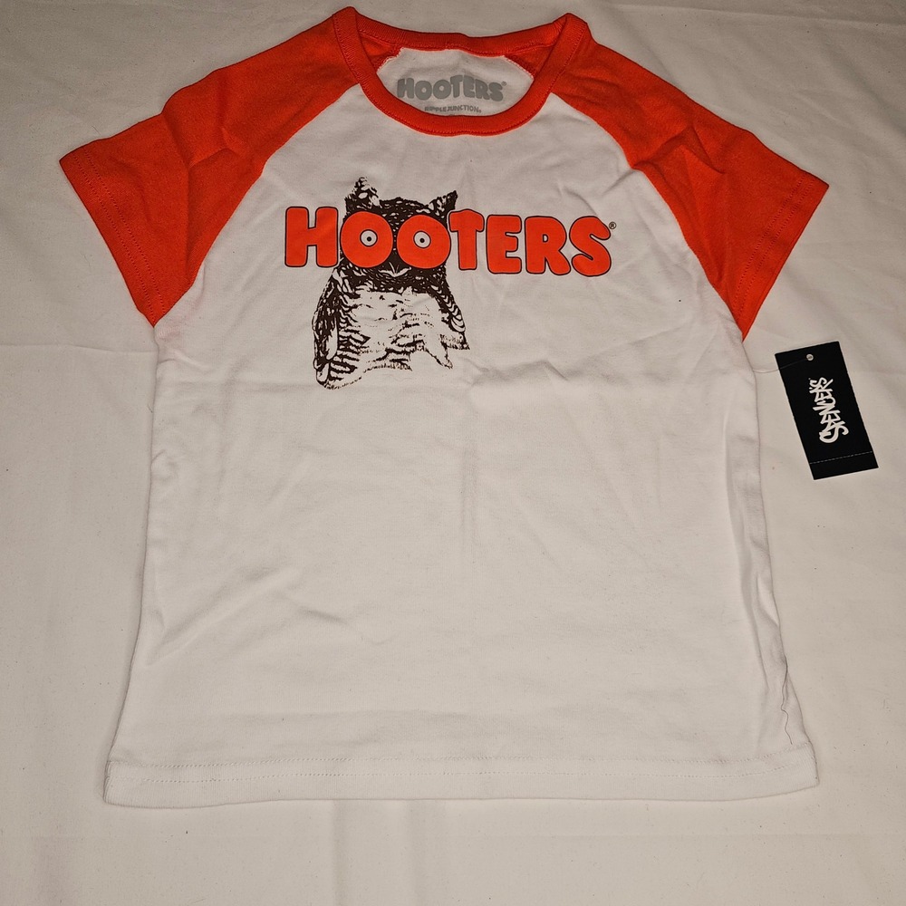 Hooters Ripple Junction Raglan Graphic Baby Tee T-Shirt Orange White Small NWT